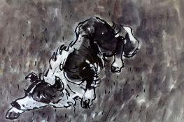 SIR KYFFIN WILLIAMS RA print - study of a grounded working sheepdog, printed signature, 28 x 42cms