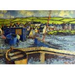 HYWEL HARRIES oil on board - harbour at Borth, West Wales with RNLI building and hill-side beyond,