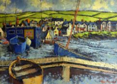 HYWEL HARRIES oil on board - harbour at Borth, West Wales with RNLI building and hill-side beyond,