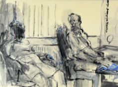 WARREN WILLIAMS (b.1975) charcoal - two seated figures in conversation, entitled on Kooywood Gallery