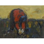 WILL ROBERTS oil on canvas - figure in red clothing bending over, entitled verso 'Work in the