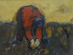 WILL ROBERTS oil on canvas - figure in red clothing bending over, entitled verso 'Work in the