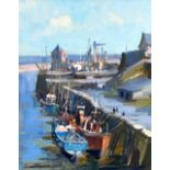 IVAN TAYLOR oil on board - boats moored at quayside, entitled verso 'Port Amlwch, North Wales',