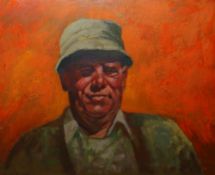 ANEURIN JONES oil on board - head and shoulders portrait of a farmer wearing hat, squinting into the