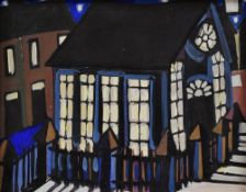 KARL DAVIES oil on canvas - chapel at night with the glow of light through windows, signed verso, 40