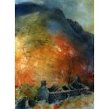 ROB PIERCY mixed media - derelict cottage at base of mountain, entitled verso 'Blaen Cwm Pennant',