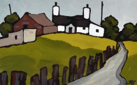 STEPHEN JOHN OWEN oil on card - Welsh cottage and lane, entitled verso 'Pen Lon', signed with