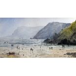 GARETH THOMAS watercolour - figures on a Gower beach, entitled verso 'Caswell Bay, Early Summer,