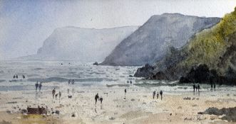 GARETH THOMAS watercolour - figures on a Gower beach, entitled verso 'Caswell Bay, Early Summer,