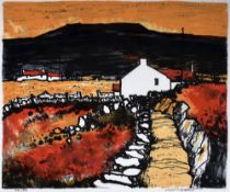 WILF ROBERTS limited edition (34/50) Curwen lithograph - Anglesey landscape with cottages and