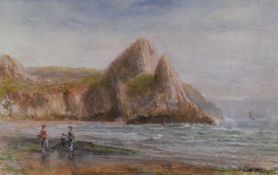 JAMES HARRIS watercolour - Three Cliffs Bay, Gower beach scene with three figures, signed, 19 x