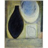 VIVIENNE WILLIAMS oil on paper - still life, entitled verso 'Blue Bowl, Black Vessel and Lemon',