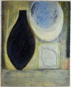 VIVIENNE WILLIAMS oil on paper - still life, entitled verso 'Blue Bowl, Black Vessel and Lemon',