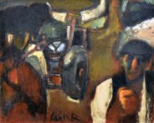 WILL ROBERTS oil on canvas - waistcoated farmer and companion with tractor, entitled verso 'On the