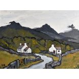 DAVID BARNES oil on board - Welsh mountain scene with white washed cottages on lane, signed with