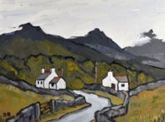 DAVID BARNES oil on board - Welsh mountain scene with white washed cottages on lane, signed with