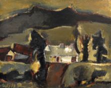 WILL ROBERTS oil on board - Welsh landscape with whitewashed cottage, entitled verso 'Brecon