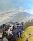 NICK HOLLY oil on canvas - a large depiction of a Valleys village scene with children playing near