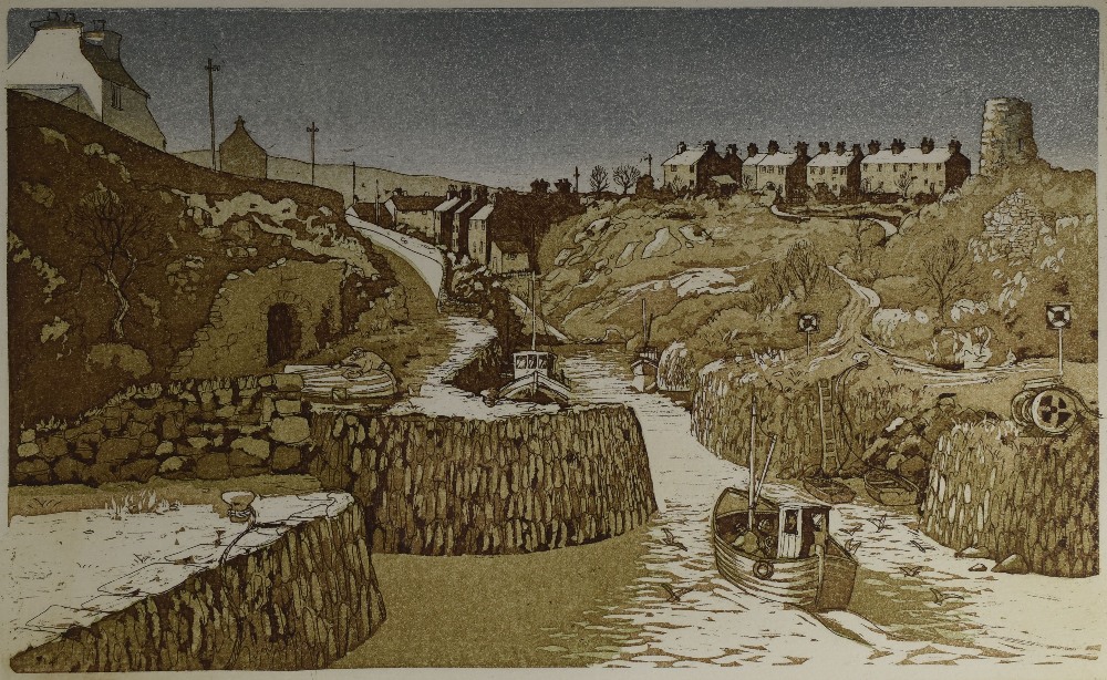 KEITH ANDREW artist's proof etching - Anglesey town with old windmill, entitled 'Amlwch Port',
