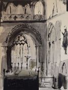HOWELL DAVIES watercolour - interior view of Llandaff Cathedral and the Norman Arch with typography,