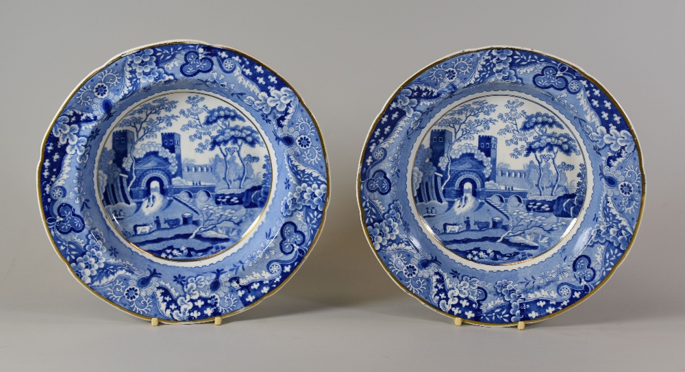 A PAIR OF RARE SWANSEA PORCELAIN SOUP DISHES with blue and white transfer Gate House decoration (see