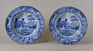 A PAIR OF RARE SWANSEA PORCELAIN SOUP DISHES with blue and white transfer Gate House decoration (see