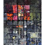 HYWEL HARRIES oil on board - semi-abstract architectural study with brightly coloured squares,
