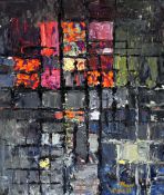 HYWEL HARRIES oil on board - semi-abstract architectural study with brightly coloured squares,