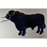 SIR KYFFIN WILLIAMS RA coloured print - standing Welsh black bull, signed in full, 40 x 60cms