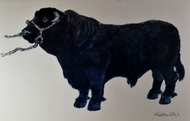 SIR KYFFIN WILLIAMS RA coloured print - standing Welsh black bull, signed in full, 40 x 60cms