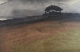 ROGER CECIL watercolour - barren landscape with dark trees and hedgerow, mountains beyond,