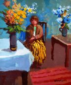 DONALD McINTYRE oil / acrylic - young girl seated between two tables with flowers, signed in full