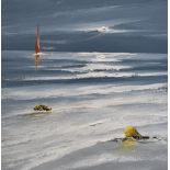NICK JOHN REES acrylic on canvas - coastal scene with solitary sailing ship, entitled verso 'Gower -