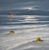 NICK JOHN REES acrylic on canvas - coastal scene with solitary sailing ship, entitled verso 'Gower -