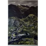 SIR KYFFIN WILLIAMS RA coloured limited edition (24/75) print - snow capped Snowdon and cottages