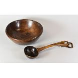 WELSH TREEN CAWL BOWL & LADLE, the bowl of plain rustic form with two decorative