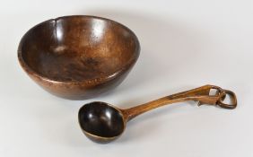 WELSH TREEN CAWL BOWL & LADLE, the bowl of plain rustic form with two decorative