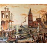 EVAN CHARLTON watercolour - surreal composition with narrative with waterside buildings and figures,