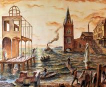 EVAN CHARLTON watercolour - surreal composition with narrative with waterside buildings and figures,