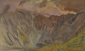 KATHERINE CLAUSEN watercolour and pencil - Snowdonia glacial valley, entitled verso 'Cwm Idwal