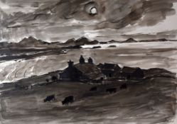SIR KYFFIN WILLIAMS RA colourwash - Anglesey landscape with coastal farm entitled verso on