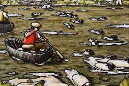 ALAN WILLIAMS acrylic wash on canvas - two figures rowing coracles with herd of sheep, entitled '