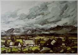 SIR KYFFIN WILLIAMS RA coloured print - Caernarfonshire landscape with farmstead, signed in full, 32