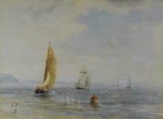 JAMES HARRIS watercolour - vessels off The Gower with gulls and buoy, signed, 17 x 22cms