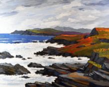 DAVID BARNES oil on board - expansive western Anglesey coastal scene, north of Porth Dafarch, signed