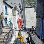 NICK HOLLY unframed but mounted oil on paper - children and dogs in a narrow street with telephone