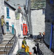 NICK HOLLY unframed but mounted oil on paper - children and dogs in a narrow street with telephone