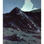 ANN LEWIS limited edition (5/15) linocut - craggy Snowdonia mountain, entitled 'Long Shadow,