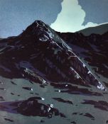 ANN LEWIS limited edition (5/15) linocut - craggy Snowdonia mountain, entitled 'Long Shadow,