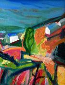 JACQUELINE JONES oil on canvas - colourful landscape with white-washed buildings, entitled verso '